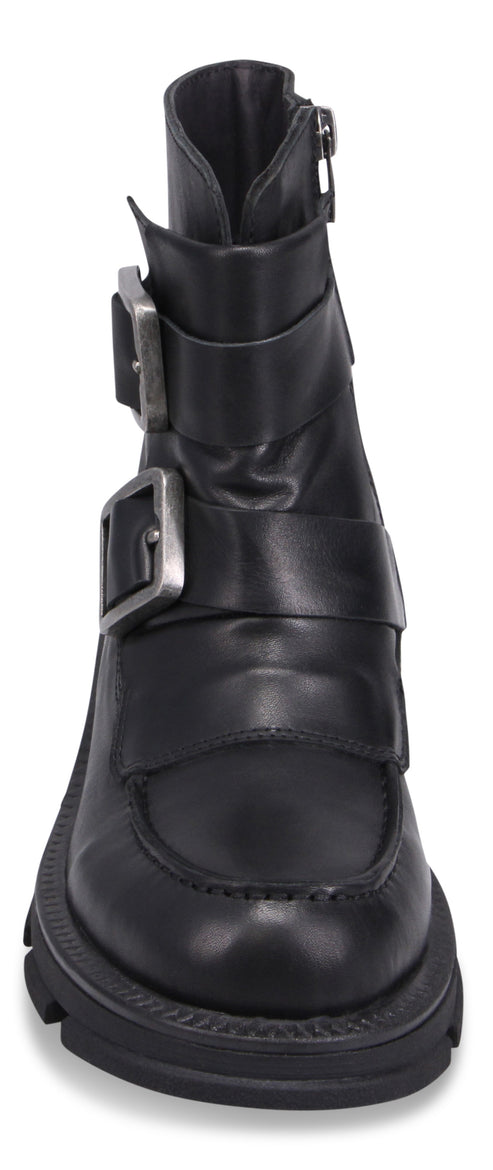 Black leather ankle boot with buckle straps.