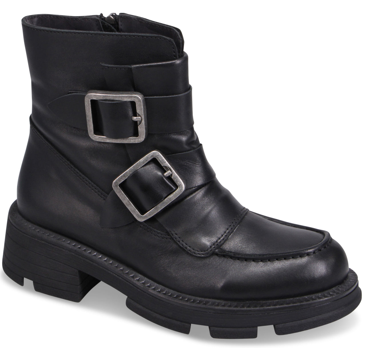 Black ankle boot with two decorative straps and silver buckles, lug sole.