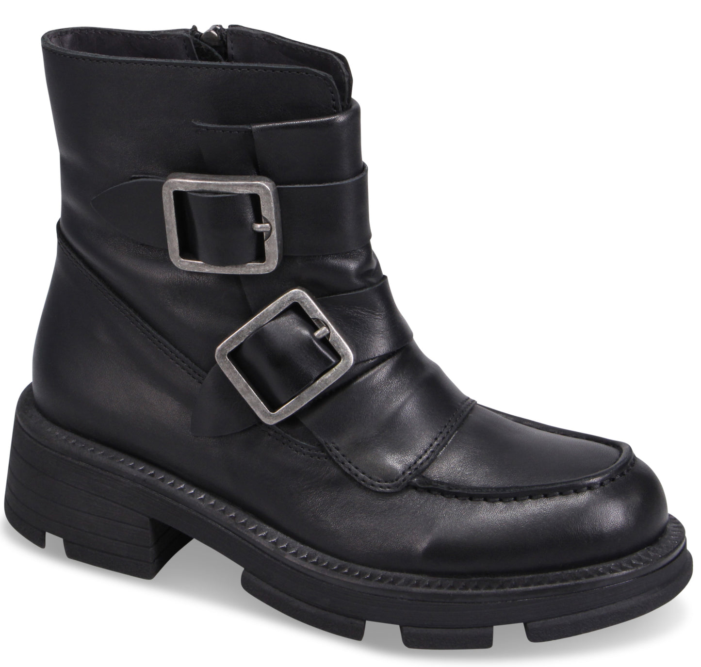 Black ankle boot with two decorative straps and silver buckles, lug sole.