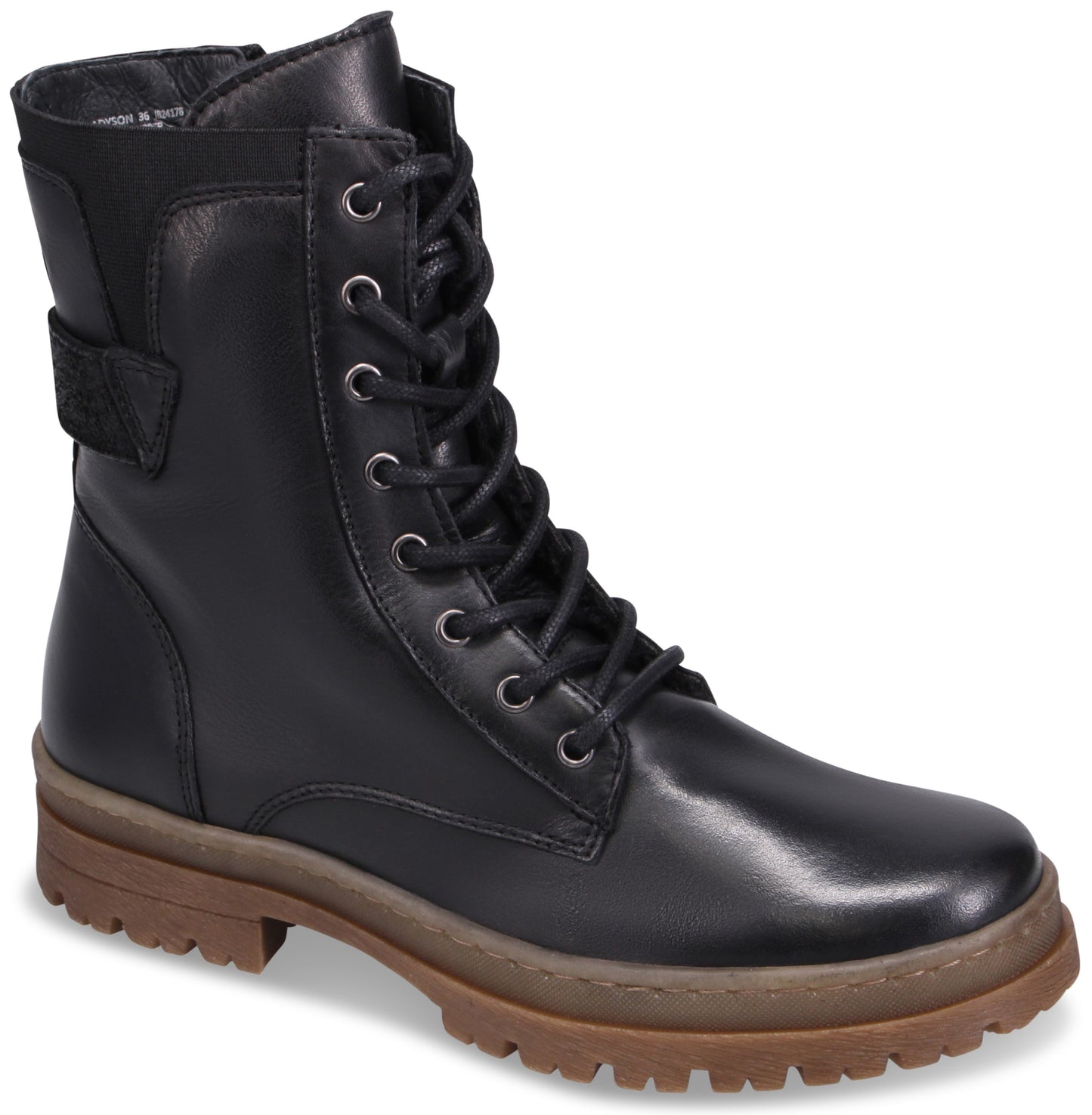 Black leather lace-up combat boot with a lug sole and side buckle.