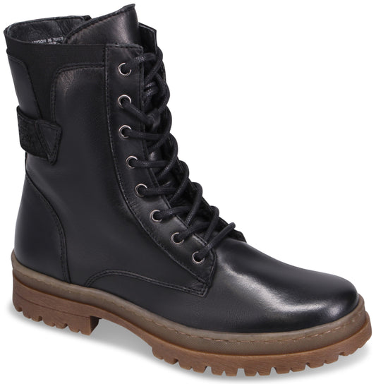 Black leather lace-up combat boot with a lug sole and side buckle.