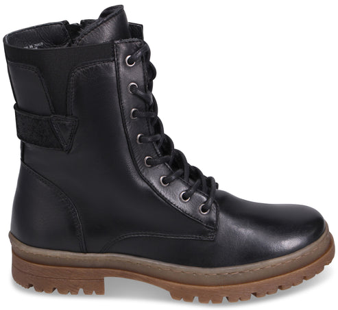 Black leather lace-up combat boot with side buckle and lug sole.