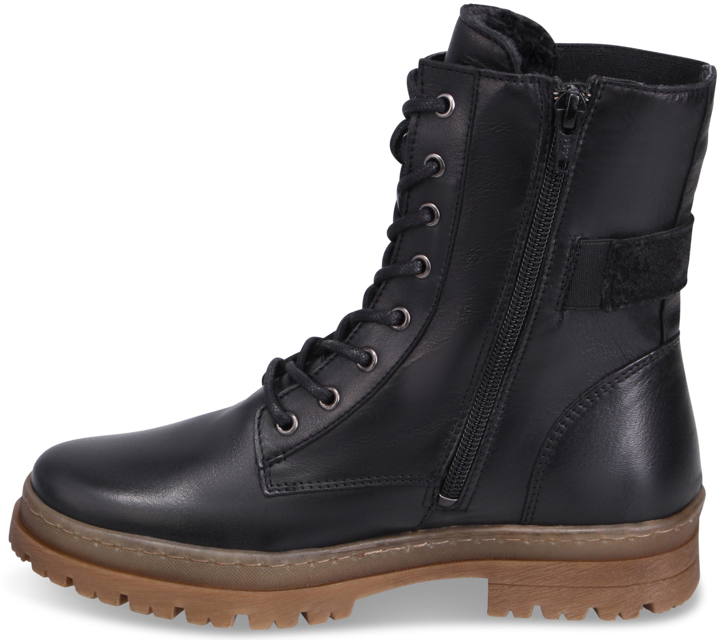 Black mid-calf boot with laces and side zipper.