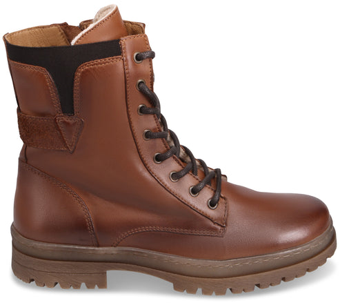 Tan-brown leather combat boot with laced front, side zipper, and thick treaded sole.