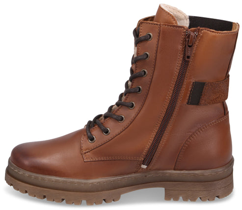 Brown lace-up boot with side zipper.