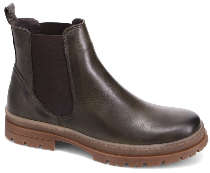 Olive leather ankle boot with elastic side panels and a lug sole.