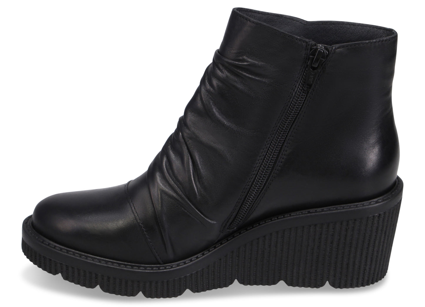 A black leather ankle boot with a side zipper, a ruched upper, and a thick, ridged wedge sole.