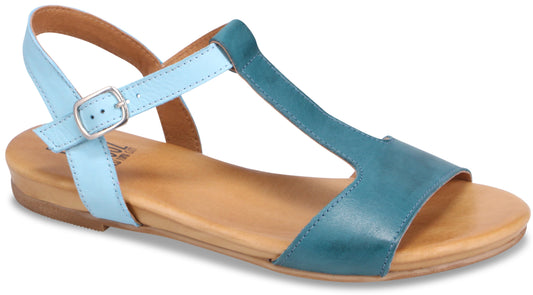 Teal and light blue T-strap flat sandal with buckle.
