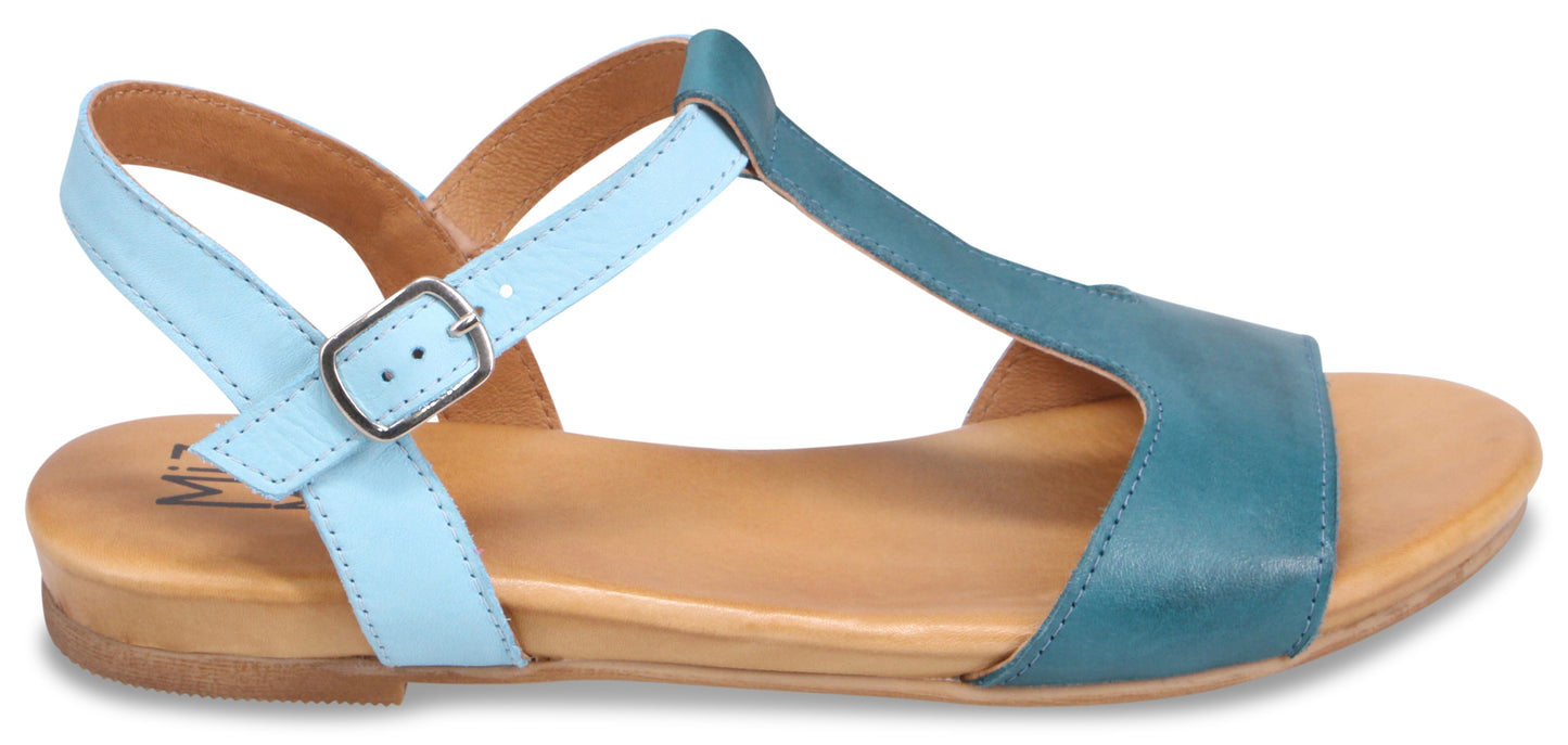 A pair of blue and turquoise sandal.