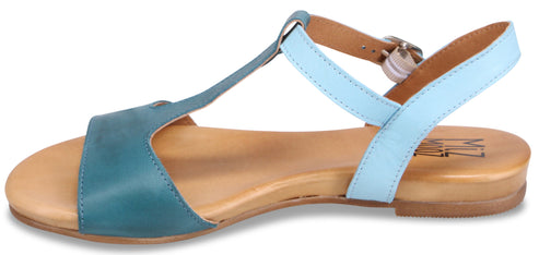 Side view of a blue open-toed sandal with an ankle strap.