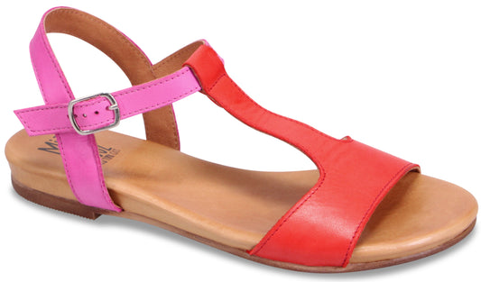 Flat sandal with an ankle strap and t-strap design. The t-strap is red and the ankle strap is pink. 