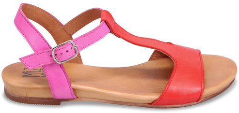 A sandal with red T-strap and pink ankle strap with silver buckle.