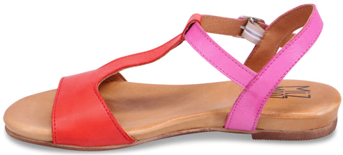 Red and pink T-strap sandal with buckle.
