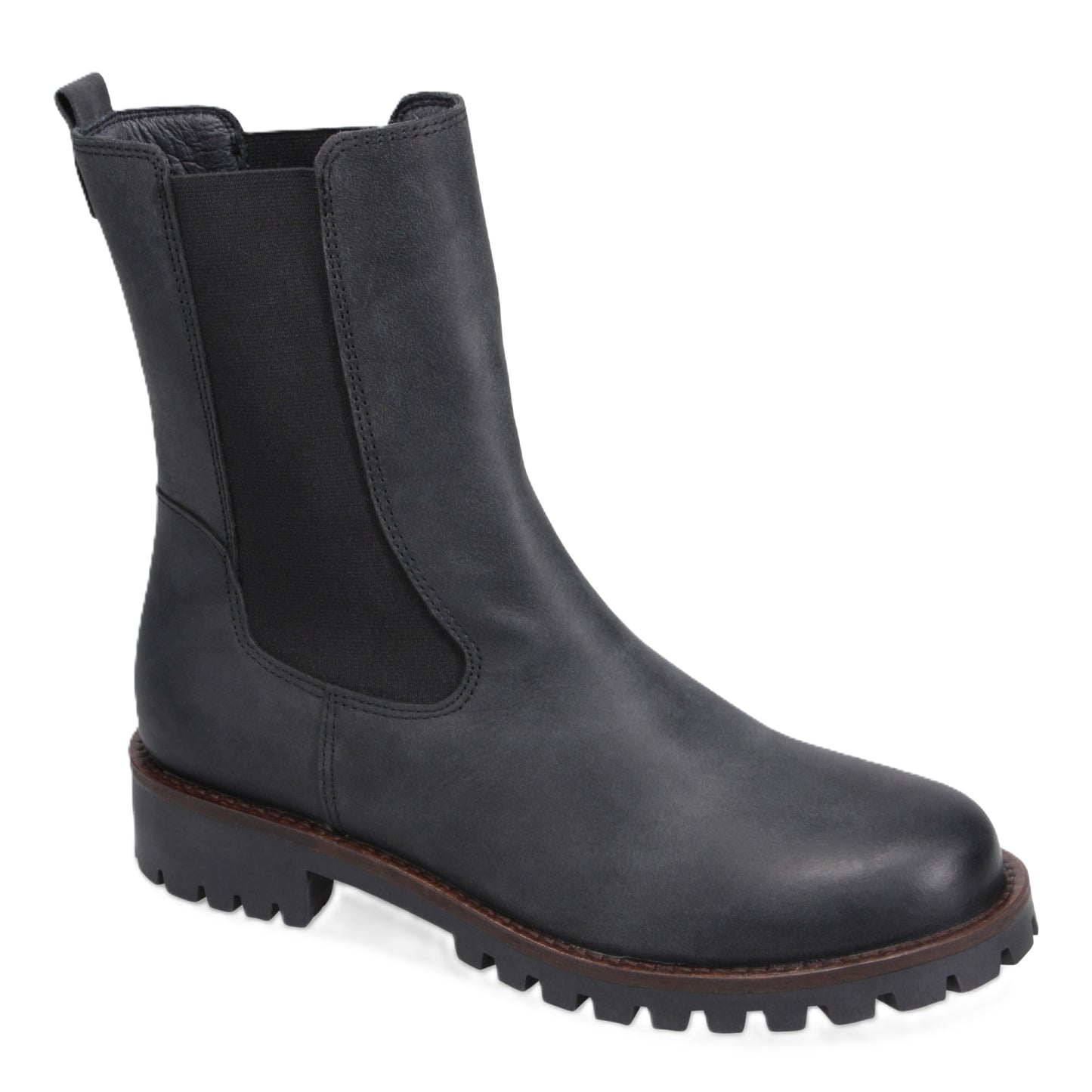 Black leather, mid-calf, lug sole, Chelsea boot