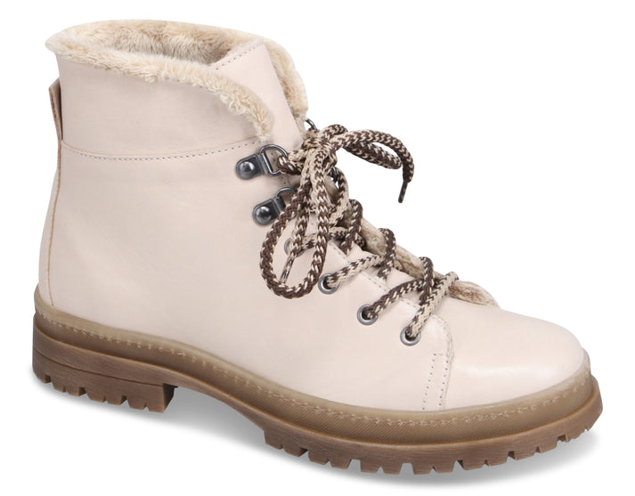 Beige leather hiking boot with faux fur trim and decorative laces.