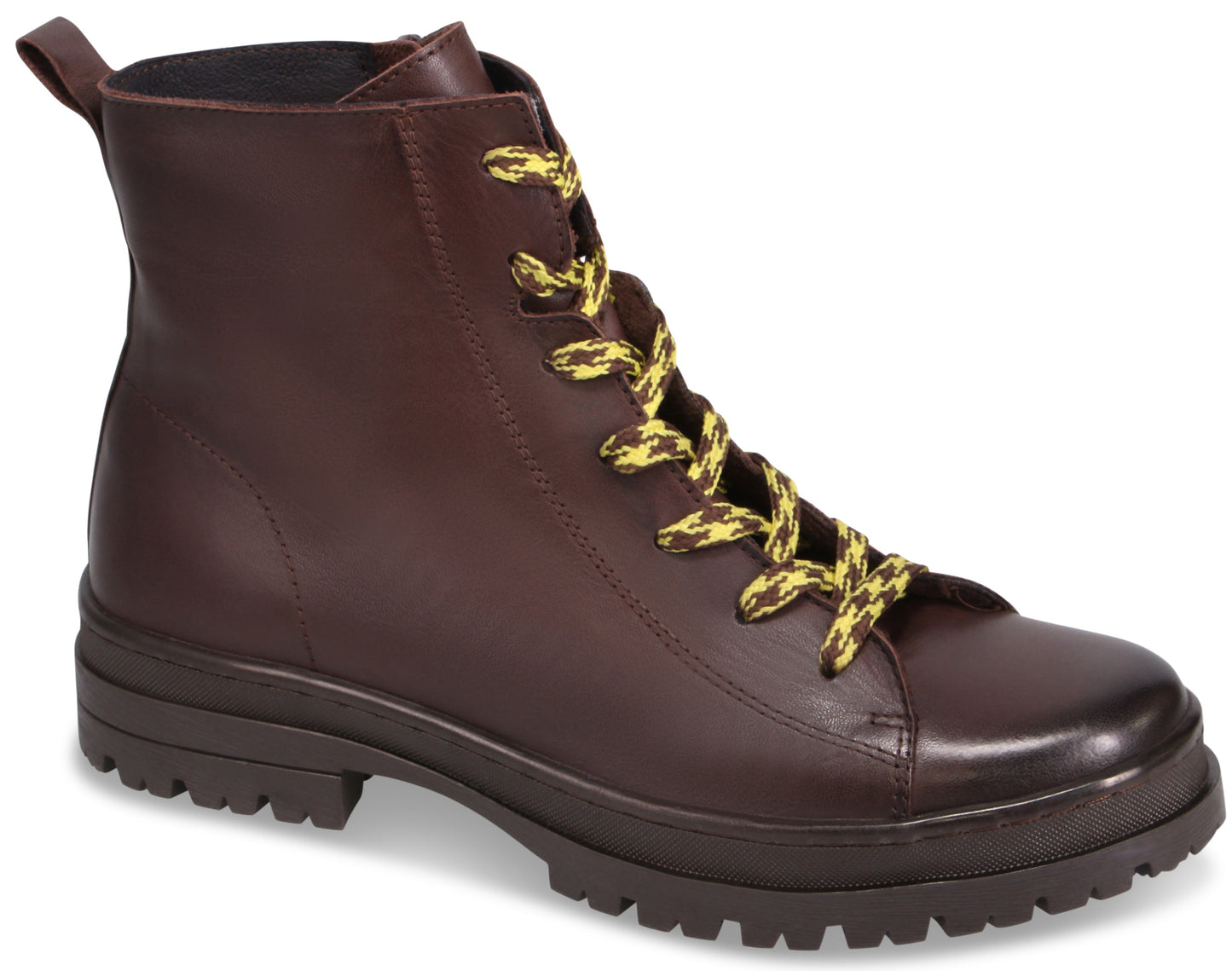 A brown leather ankle boot with a rounded toe, a thick lugged sole, and yellow and black patterned laces.
