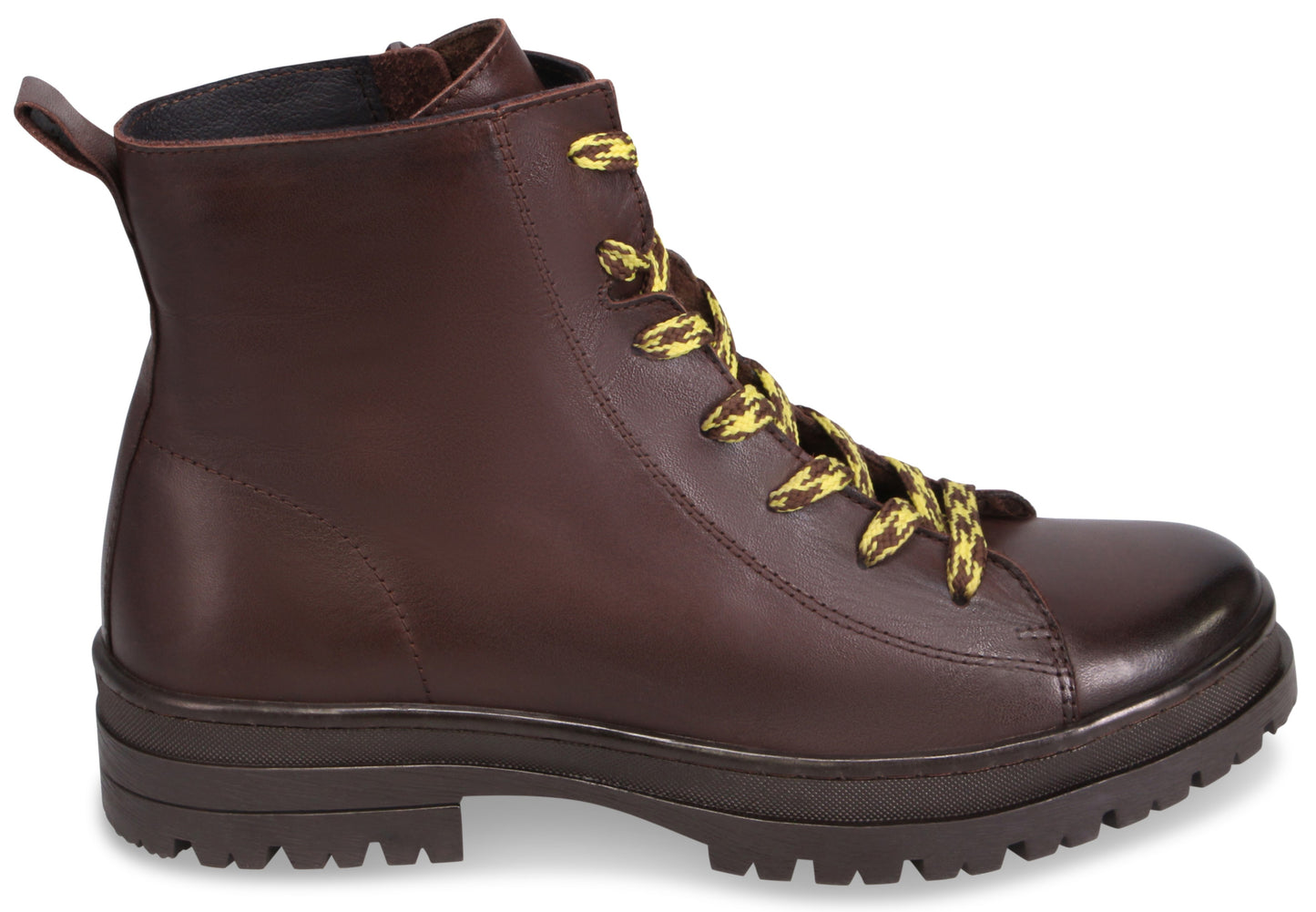 A brown leather ankle boot with a thick lug sole, a round toe cap, and yellow and brown patterned laces.