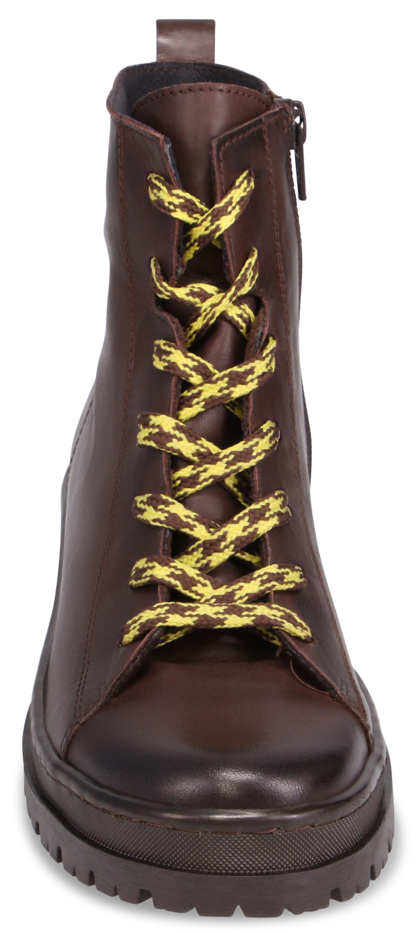 A brown ankle boot featuring a chunky, lugged platform sole, a side zipper, and yellow-and-black patterned laces.