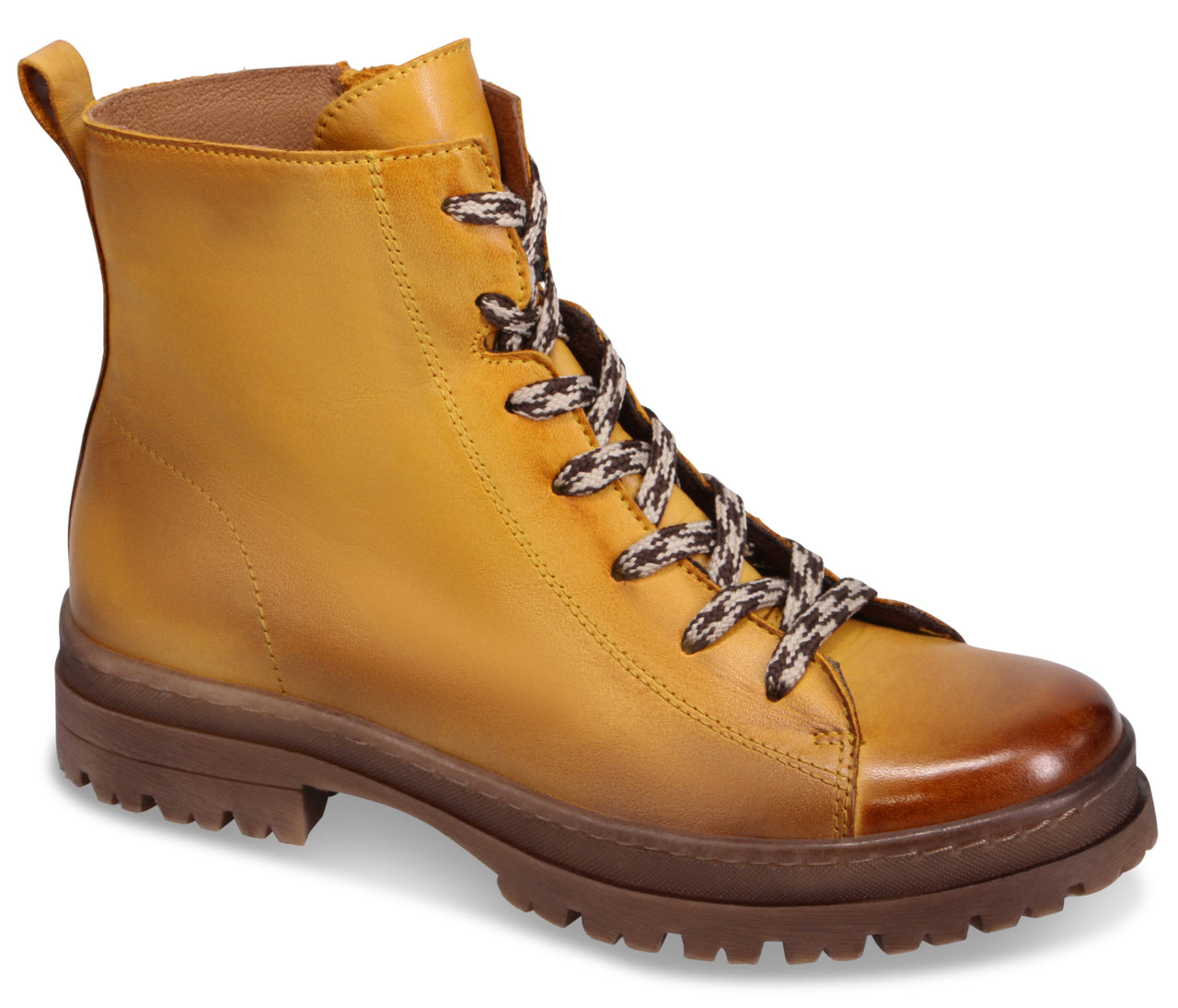 A tan leather combat boot with a round, burnished-brown toe, a thick, dark brown rubber lug sole, and patterned brown-and-white laces.