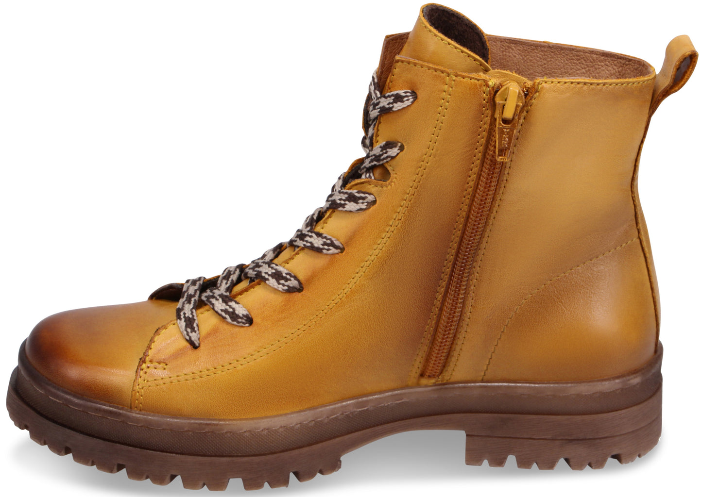 A tan leather lace-up ankle boot with a side zipper, patterned laces, and a thick brown lug sole.