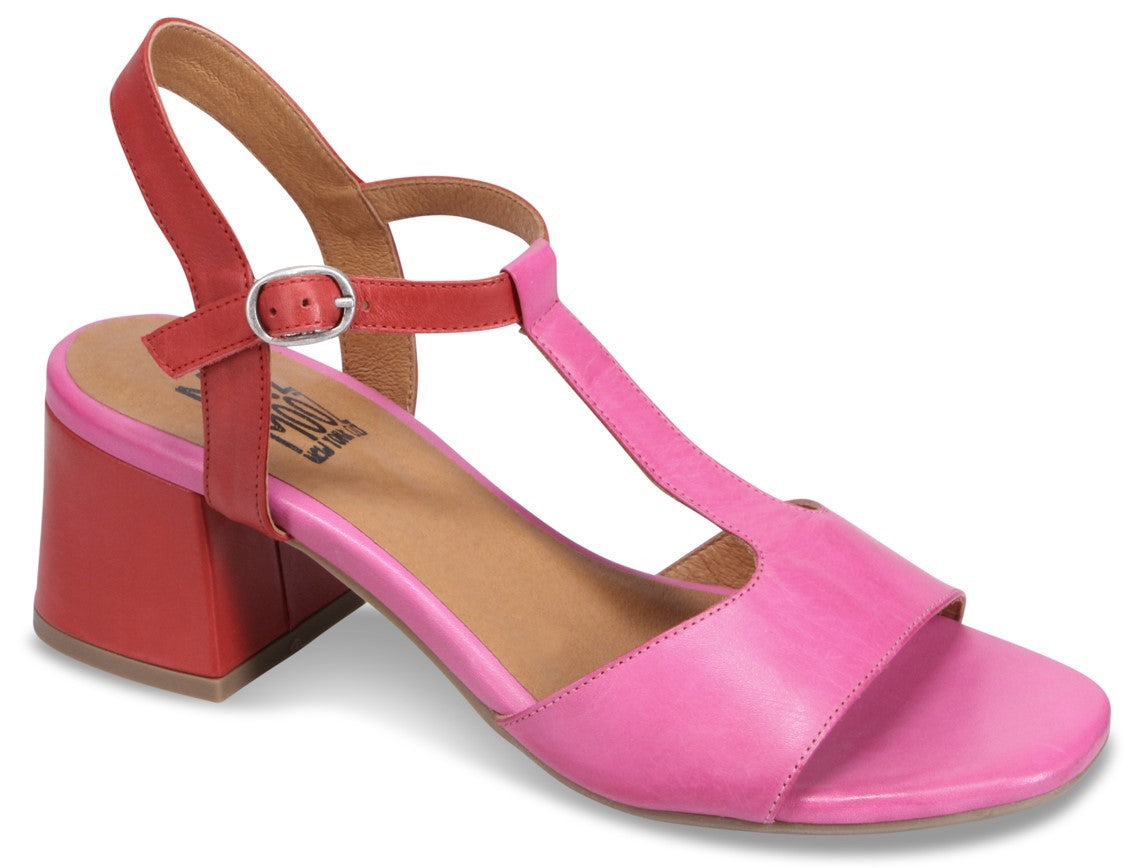Pink and red high-heeled sandal with t-strap and ankle strap
