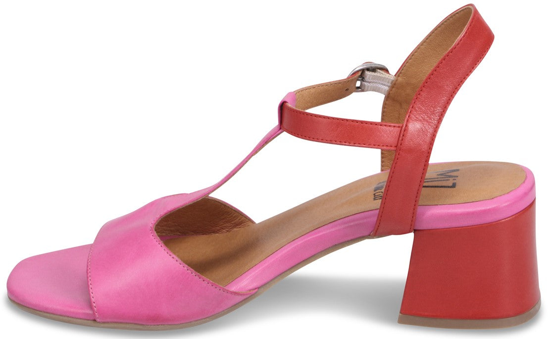 Side-view of pink and red t-strap sandal with a block heel.