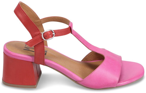 Pink and red heeled sandal with buckle strap.