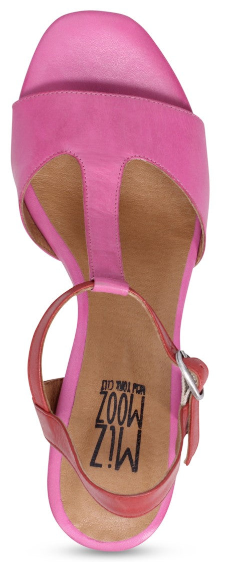Pink sandal with an ankle strap.