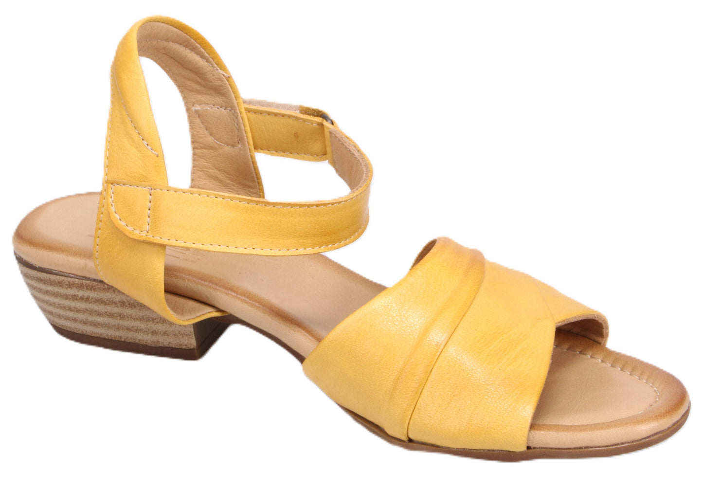 Yellow sandal with ankle strap and low heel.
