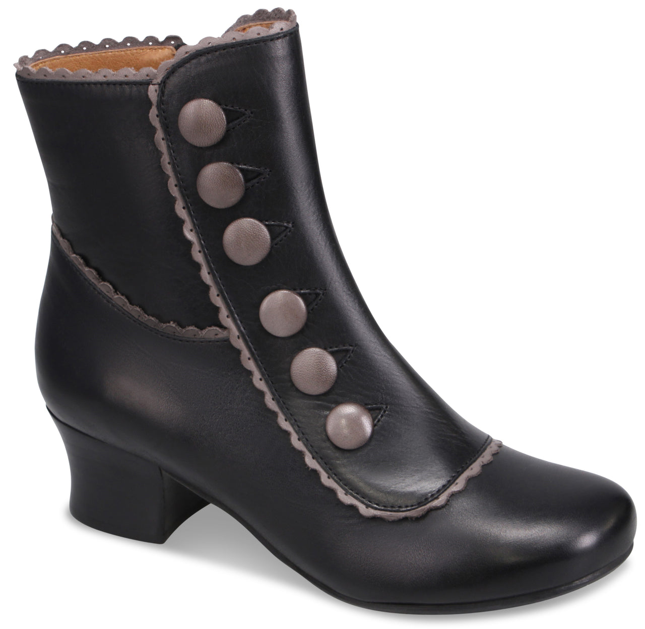 A black leather Victorian-style ankle boot with a rounded toe, low block heel, and a side panel decorated with six large, light grey buttons and scalloped grey trim along the collar and overlapping flap.