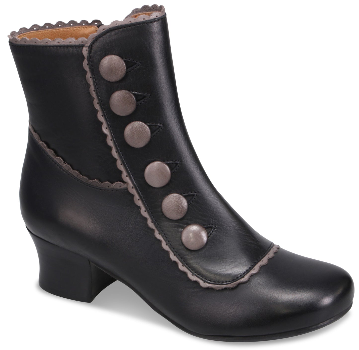 A black leather Victorian-style ankle boot with a rounded toe, low block heel, and a side panel decorated with six large, light grey buttons and scalloped grey trim along the collar and overlapping flap.
