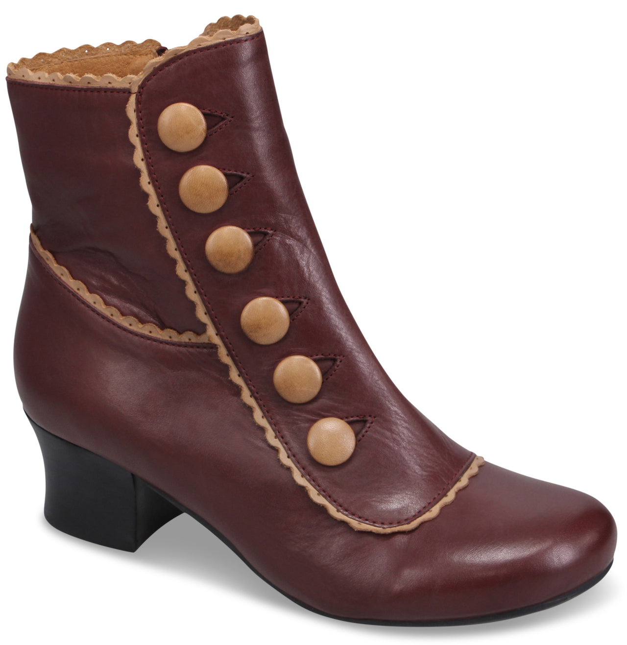 A maroon ankle boot with a rounded toe, a block heel, and decorative tan scalloped trim along the top and side panel. A row of six large, round, tan buttons runs diagonally up the side of the shaft.