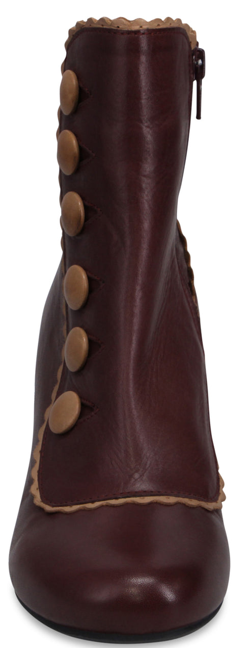 A dark brown ankle boot featuring a scalloped edge trim, a side zipper, and a vertical row of six matte gold round buttons on the side.