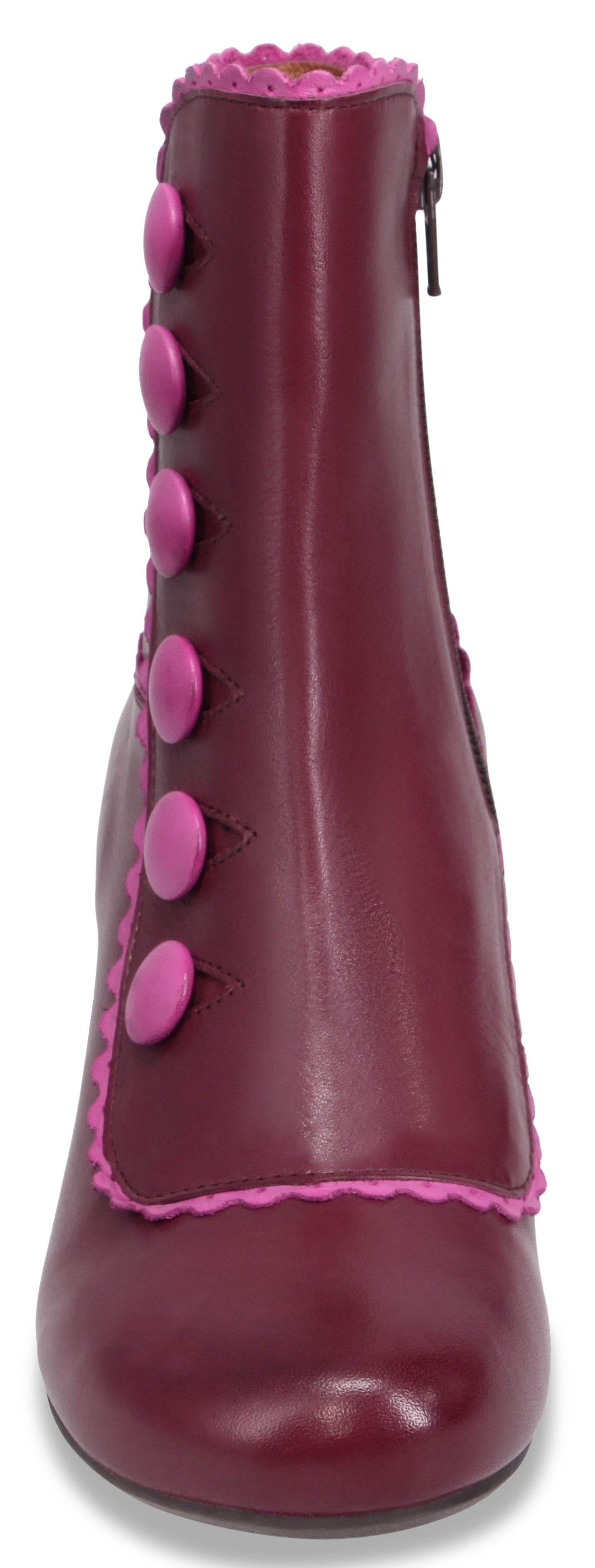 A maroon ankle boot with a rounded toe, featuring decorative bright pink buttons running up the side and pink scalloped piping trim.