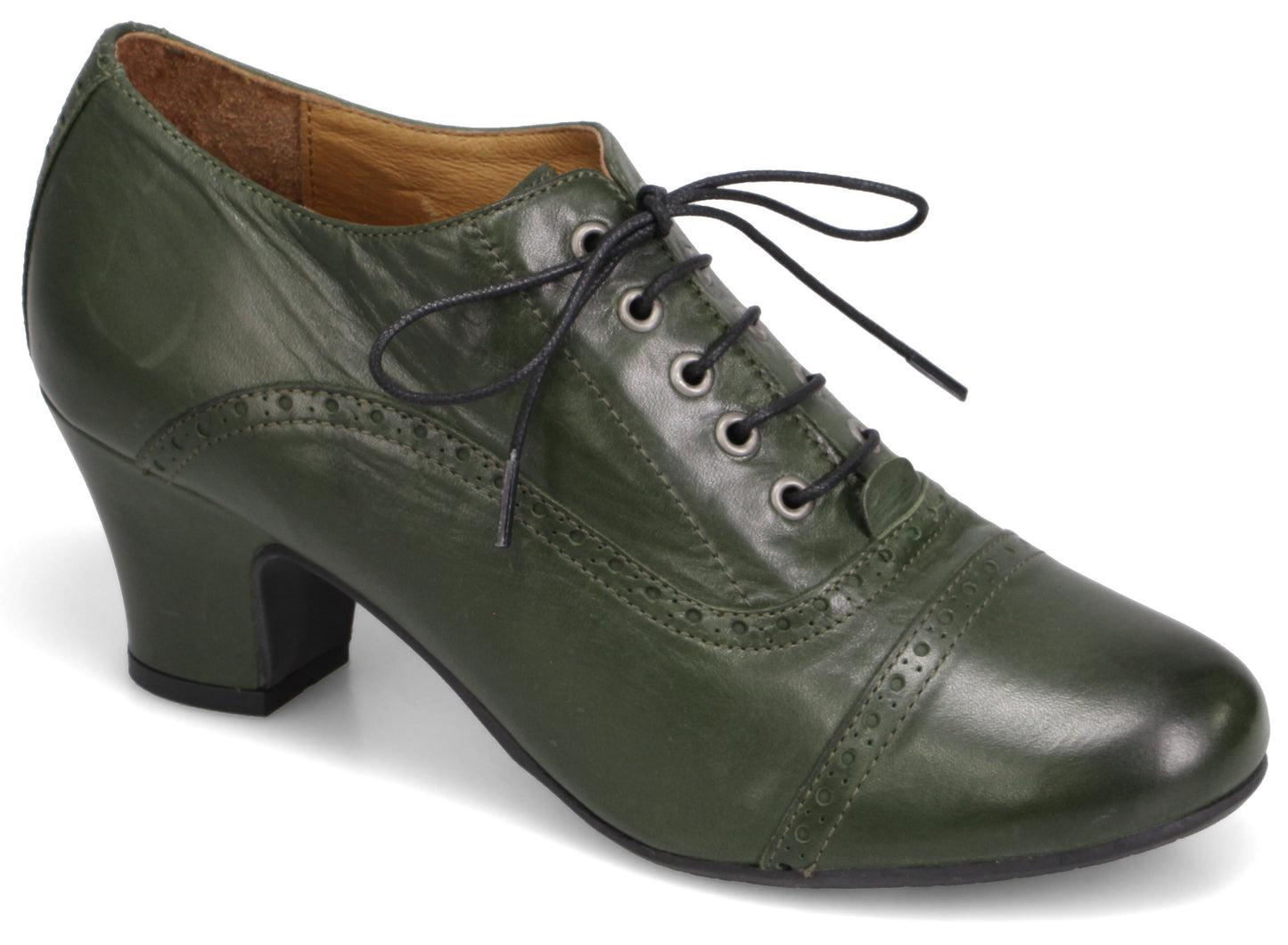 A dark olive green leather oxford style shoe with a block heel, featuring decorative brogue perforated details along the side and toe cap, and black lace-up closure.
