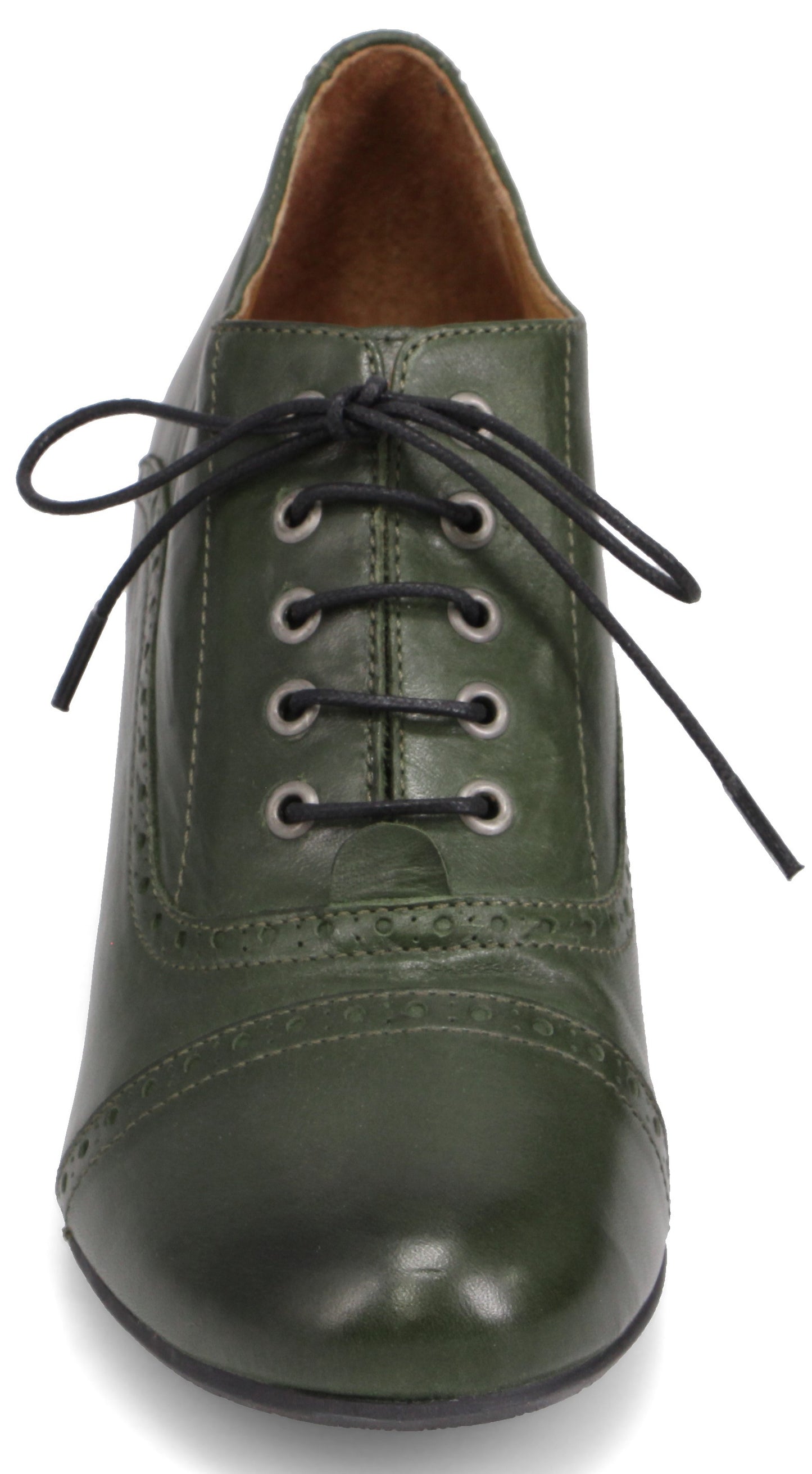 A front view of a dark olive green leather oxford shoe with a rounded toe, a decorative brogue-style perforated trim across the vamp, and black laces threaded through five pairs of metallic eyelets.