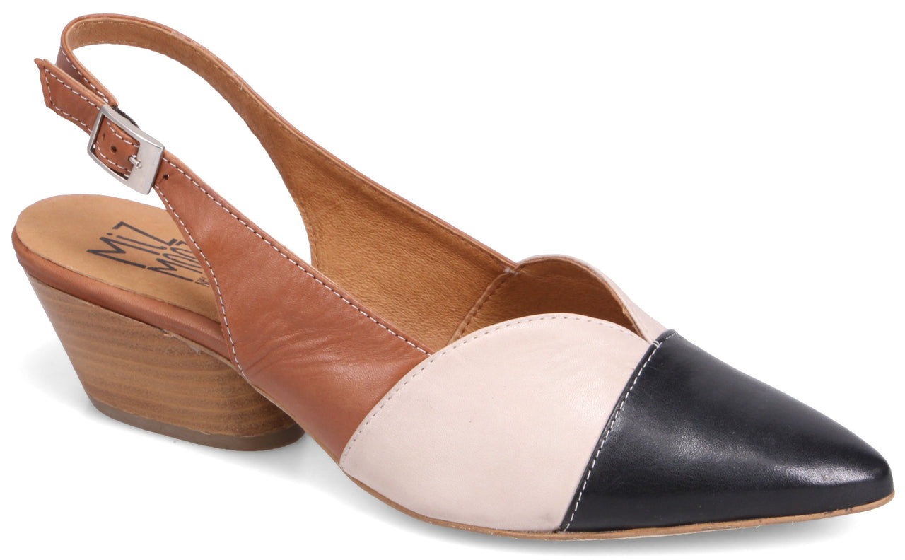 slingback dress shoe with stacked heel and color-blocked panels