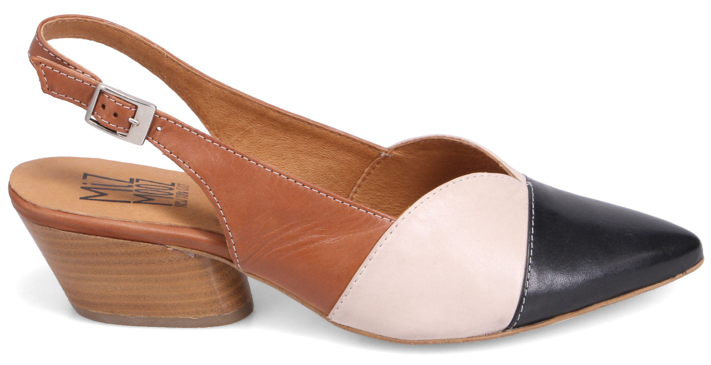 Slingback block heel shoe with black toe, beige mid-section, and tan heel and slingback.