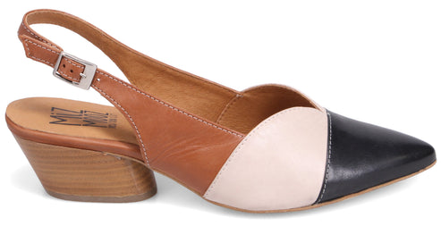 Slingback block heel shoe with black toe, beige mid-section, and tan heel and slingback.