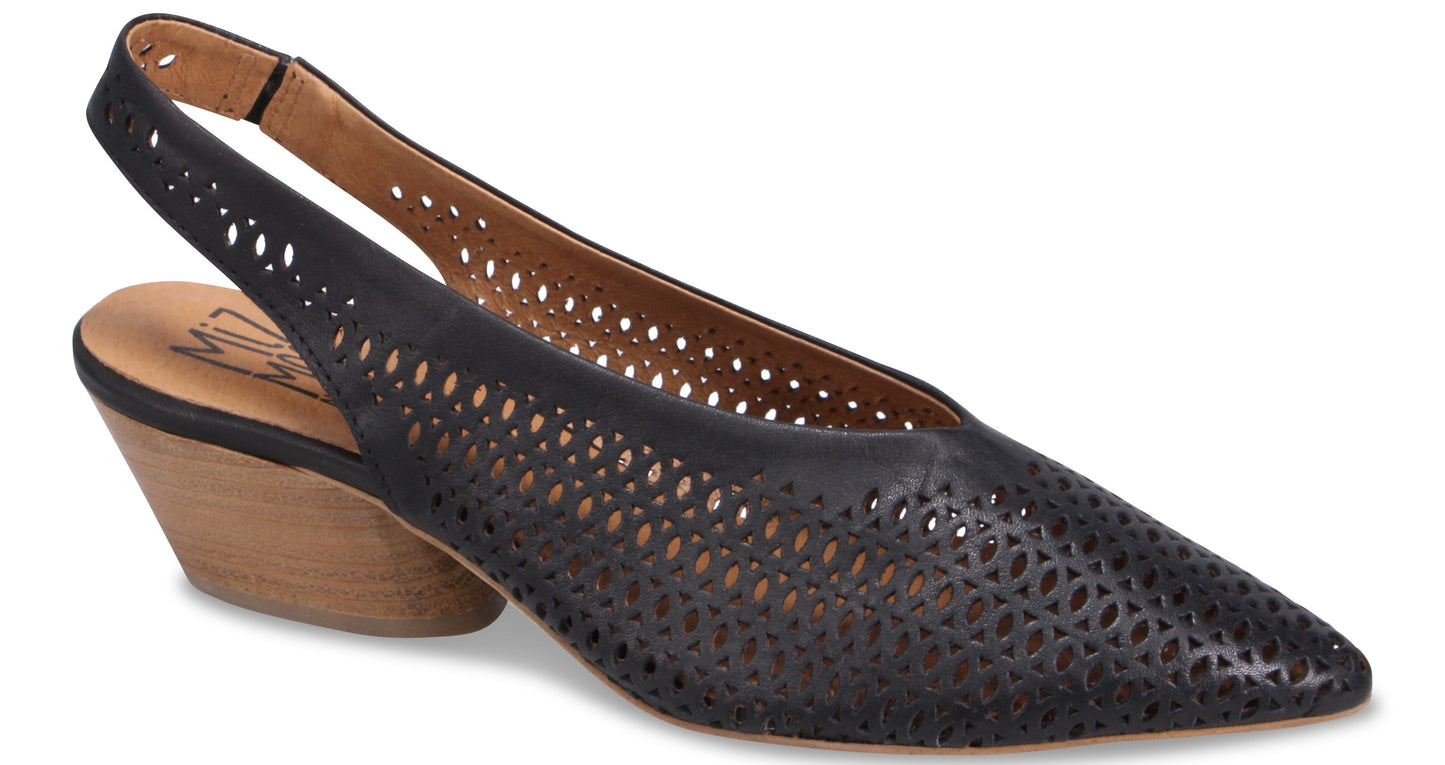 Black leather pointed-toe slingback heel with laser cut design and wooden heel.
