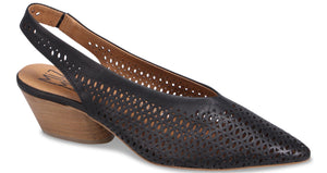 Black leather pointed-toe slingback heel with laser cut design and wooden heel.
