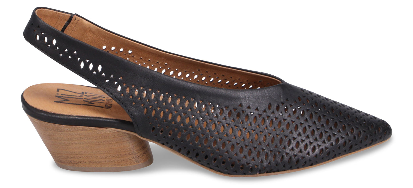 A black slingback heel with decorative cutout detailing.