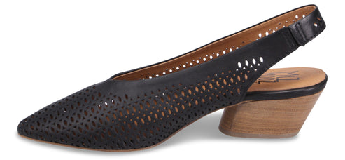 A black heeled shoe with cutouts and a slingback strap.