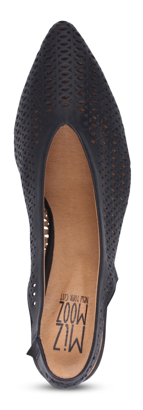 A black shoe with a pointed toe and perforated details, with "MIZ MOOZ NEW YORK CITY" printed on the insole.