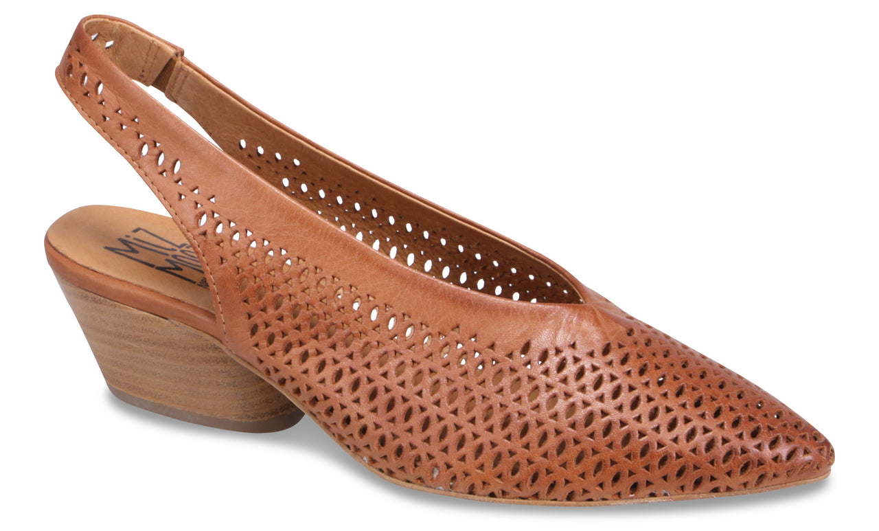 Tan leather slingback shoe with laser-cut details and a block heel.