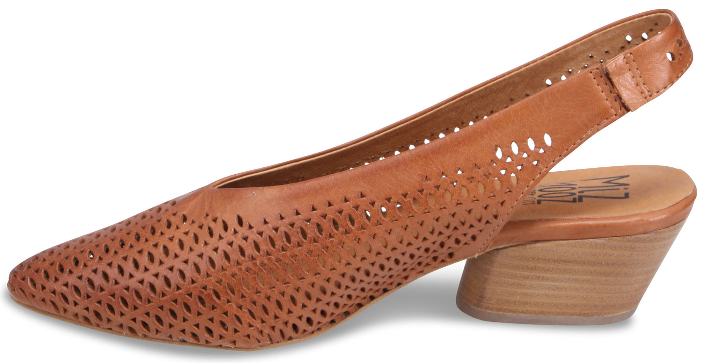 Tan pointed toe slingback heel with perforation design.