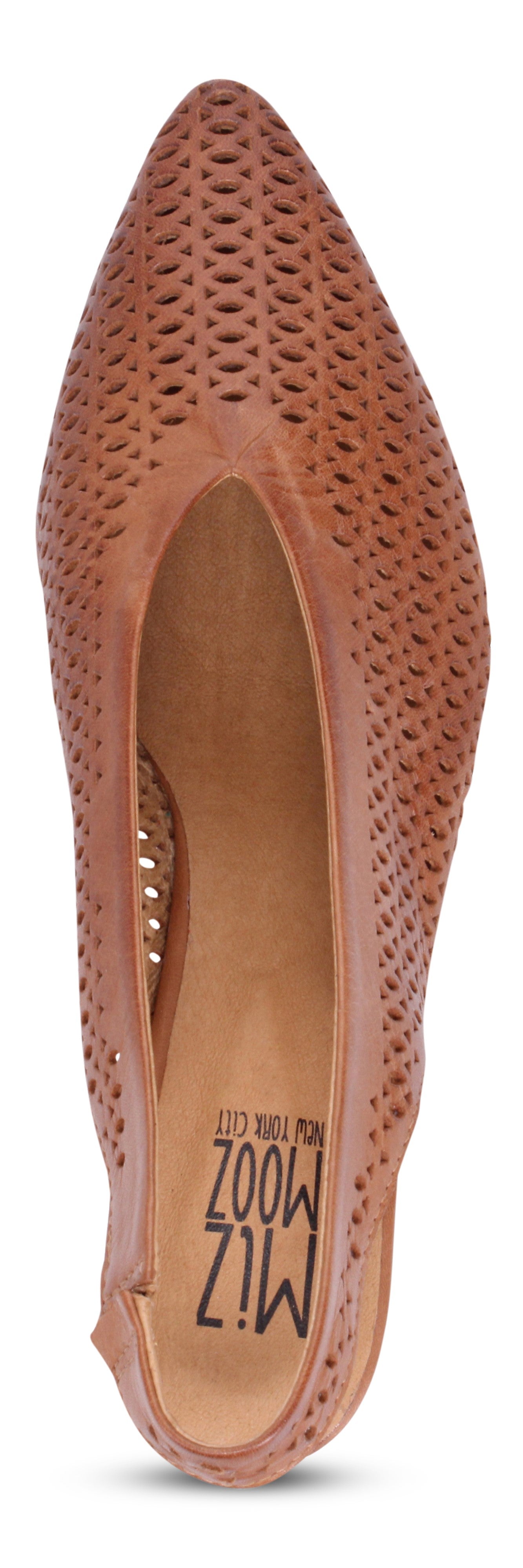 A top view of a brown, perforated flat, with visible "MIZ MOOZ NEW YORK CITY" logo.