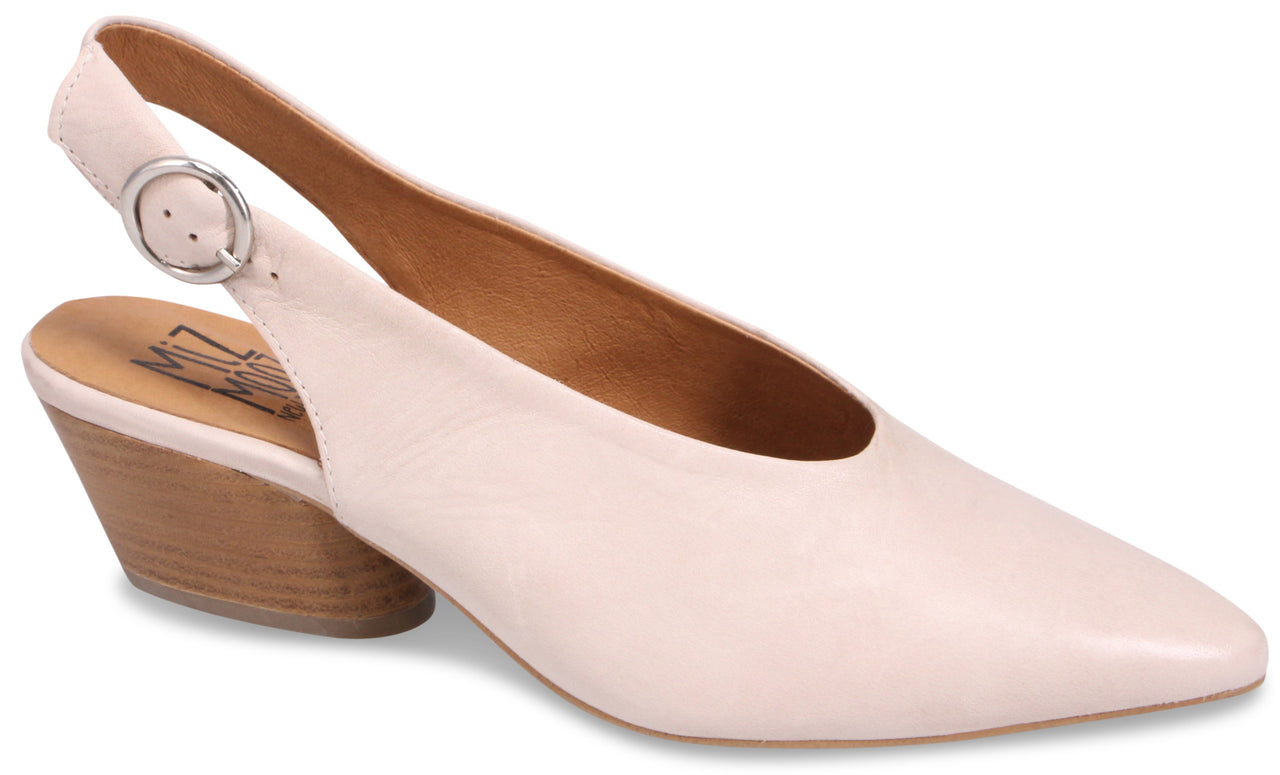 Light pink heeled slingback shoe with buckle.