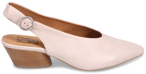 Pale pink heeled slingback with a pointed toe and a stacked heel.