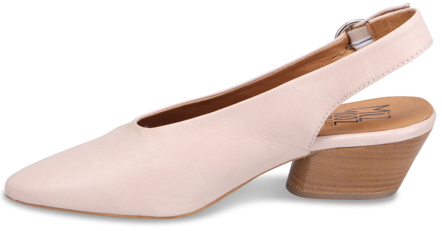 Beige leather slingback heel with a pointed toe and a block heel.